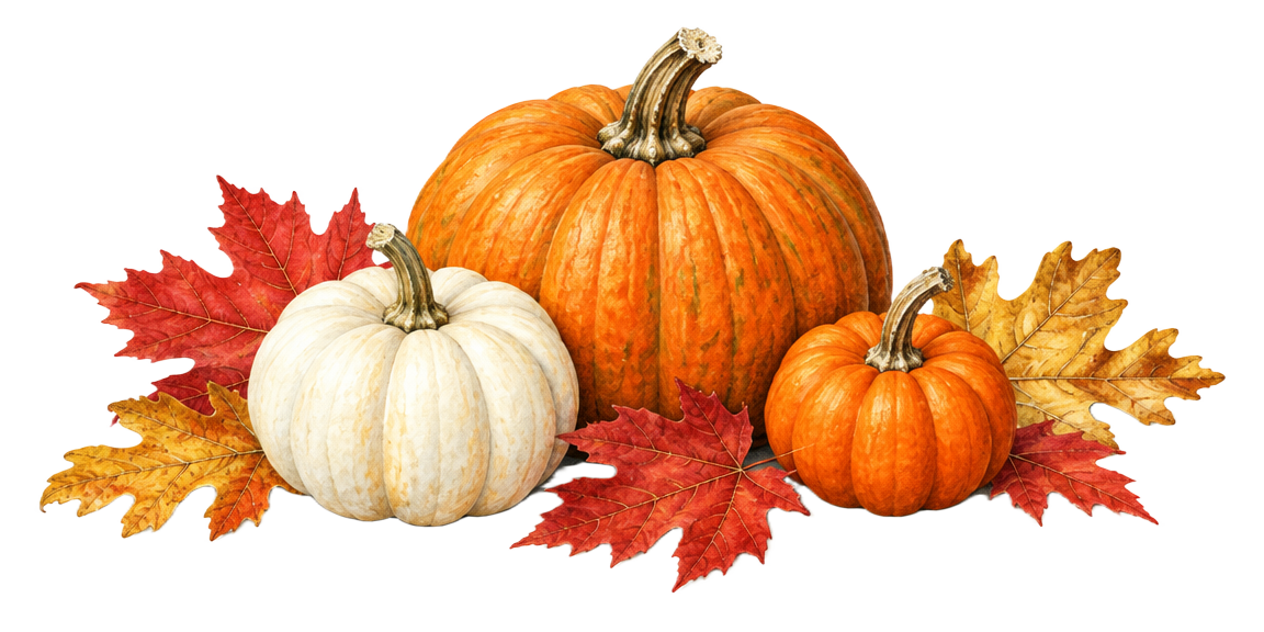 Orange and ivory pumpkins nestled among autumn leaves